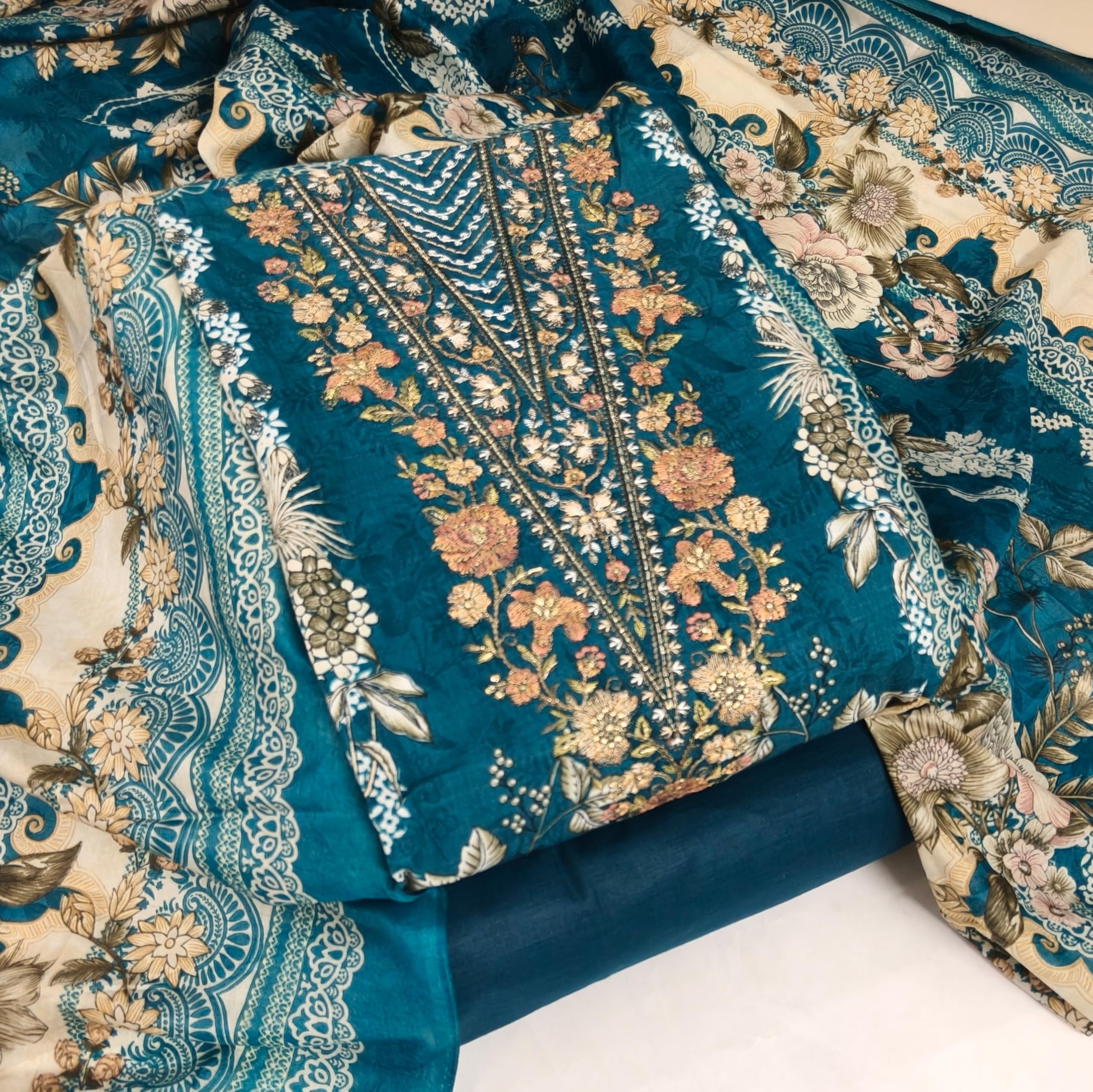 DRAVINAM Trends Women's Pure Cotton Unstitched Salwar Suit Dress Material Set | Pakistani Prints with Embroidery I Mulmul Dupatta