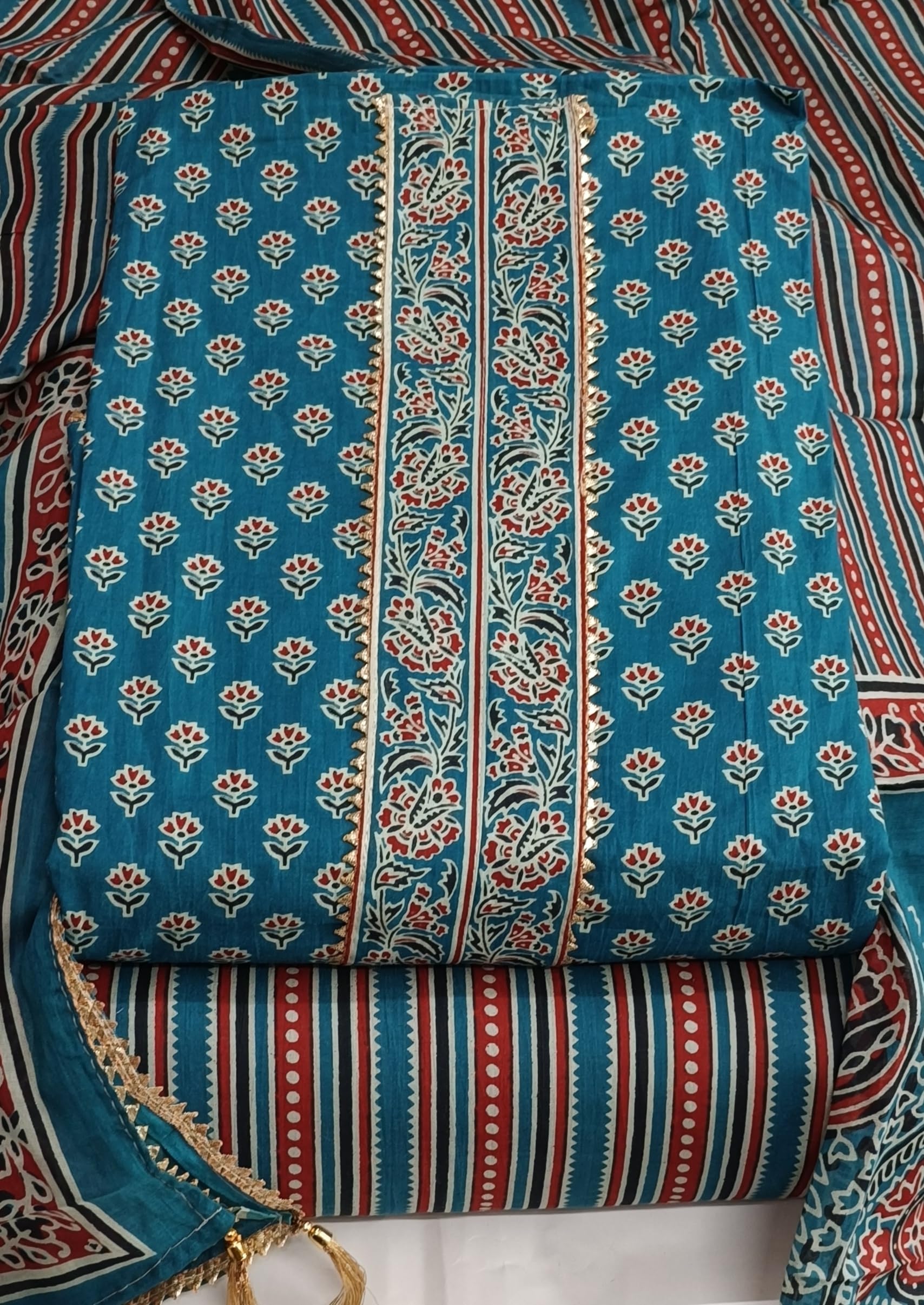 DRAVINAM Trends Women's Jaipuri Printed Embroidered and Hand Work Premium Cambric Cotton Unstitched Salwar Suit Dress Material with Mulmul Cotton Dupatta