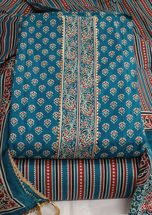 DRAVINAM Trends Women's Jaipuri Printed Embroidered and Hand Work Premium Cambric Cotton Unstitched Salwar Suit Dress Material with Mulmul Cotton Dupatta