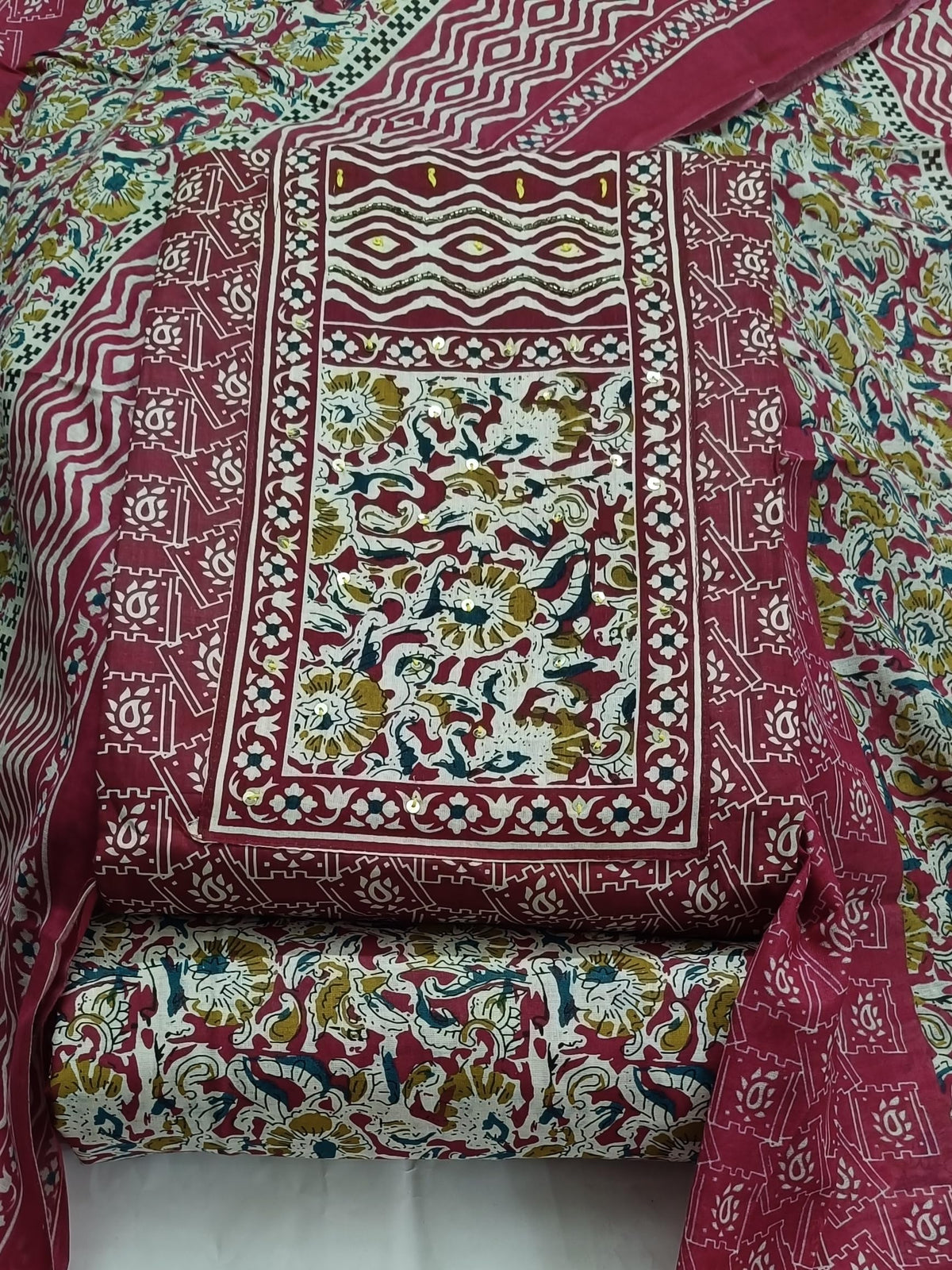 DRAVINAM Trends Women's Cambric Cotton Dress Material | Unstitch Kalamkari Printed Suit Set with Cotton Dupatta