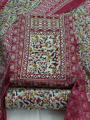 DRAVINAM Trends Women's Cambric Cotton Dress Material | Unstitch Kalamkari Printed Suit Set with Cotton Dupatta