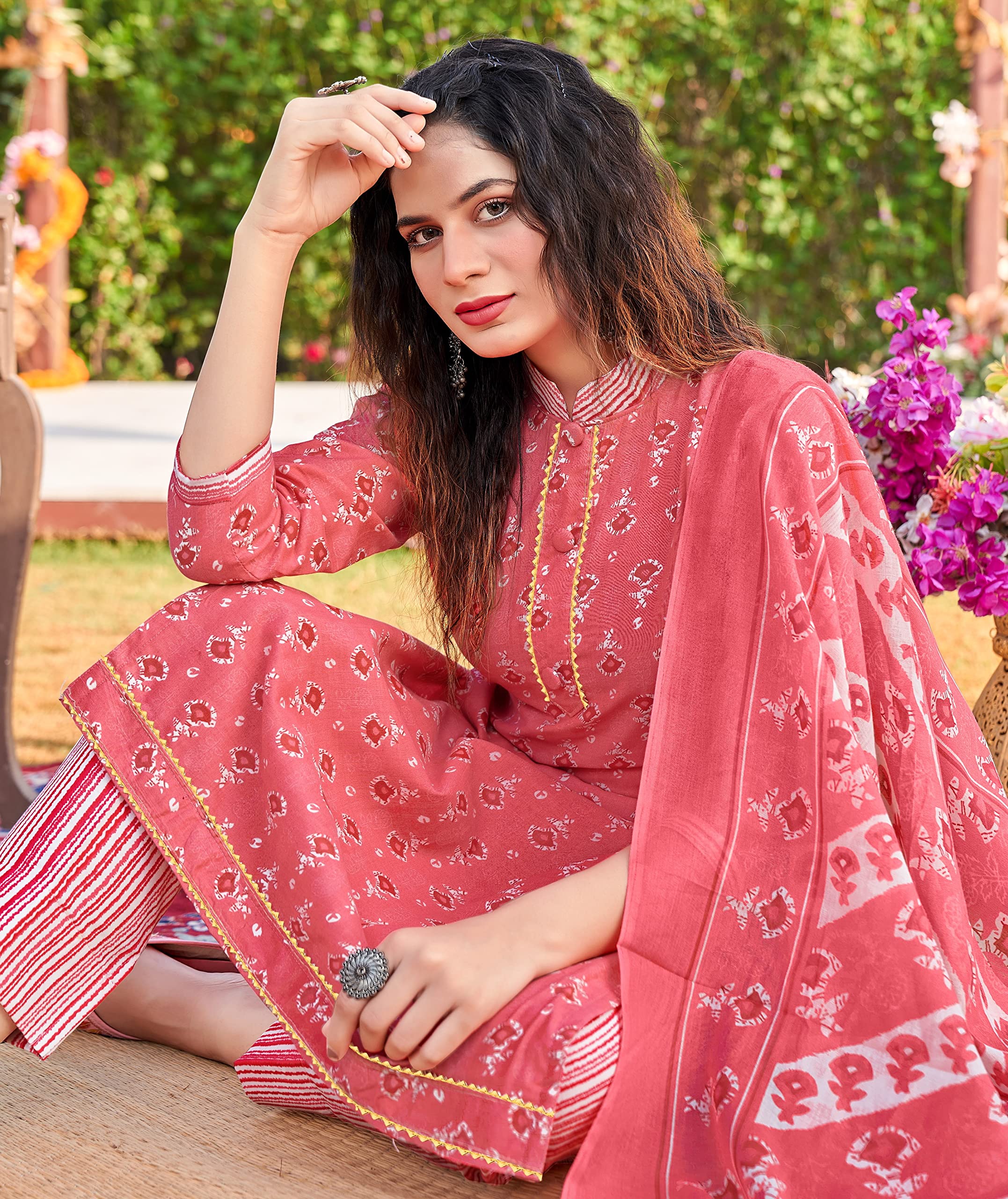 DRAVINAM Trends Women's Pure Cotton Batik Printed Unstitiched Salwar Suit Dress Material with Cotton Printed Dupatta (Peach Pink)