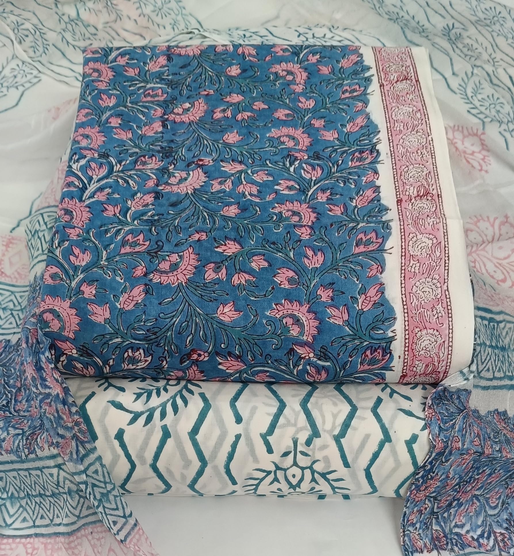 DRAVINAM Trends Hand Block Print Cambric Cotton Unstitched Salwar Suit Set for Women with Pure Chiffon Hand Printed Dupatta