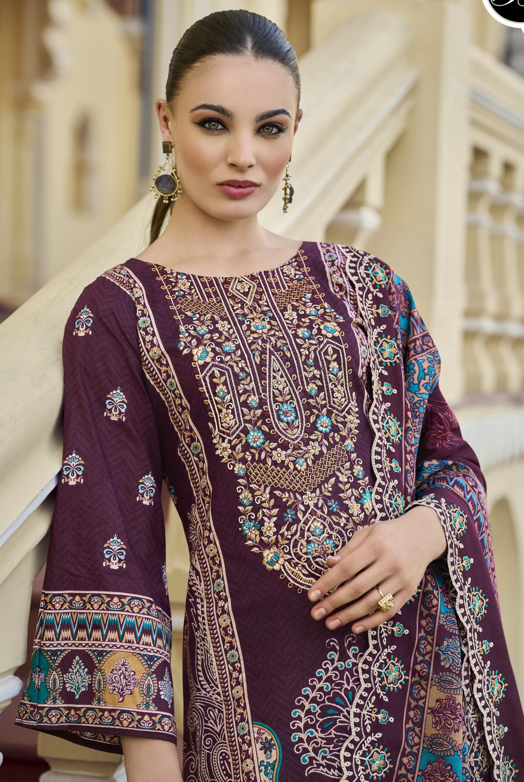 DRAVINAM Trends Women's Unstitched Pakistani Digital Print Embroidered Pure Cotton Salwar Suit Dress Materials with Cotton Embroidered Cutwork Dupatta
