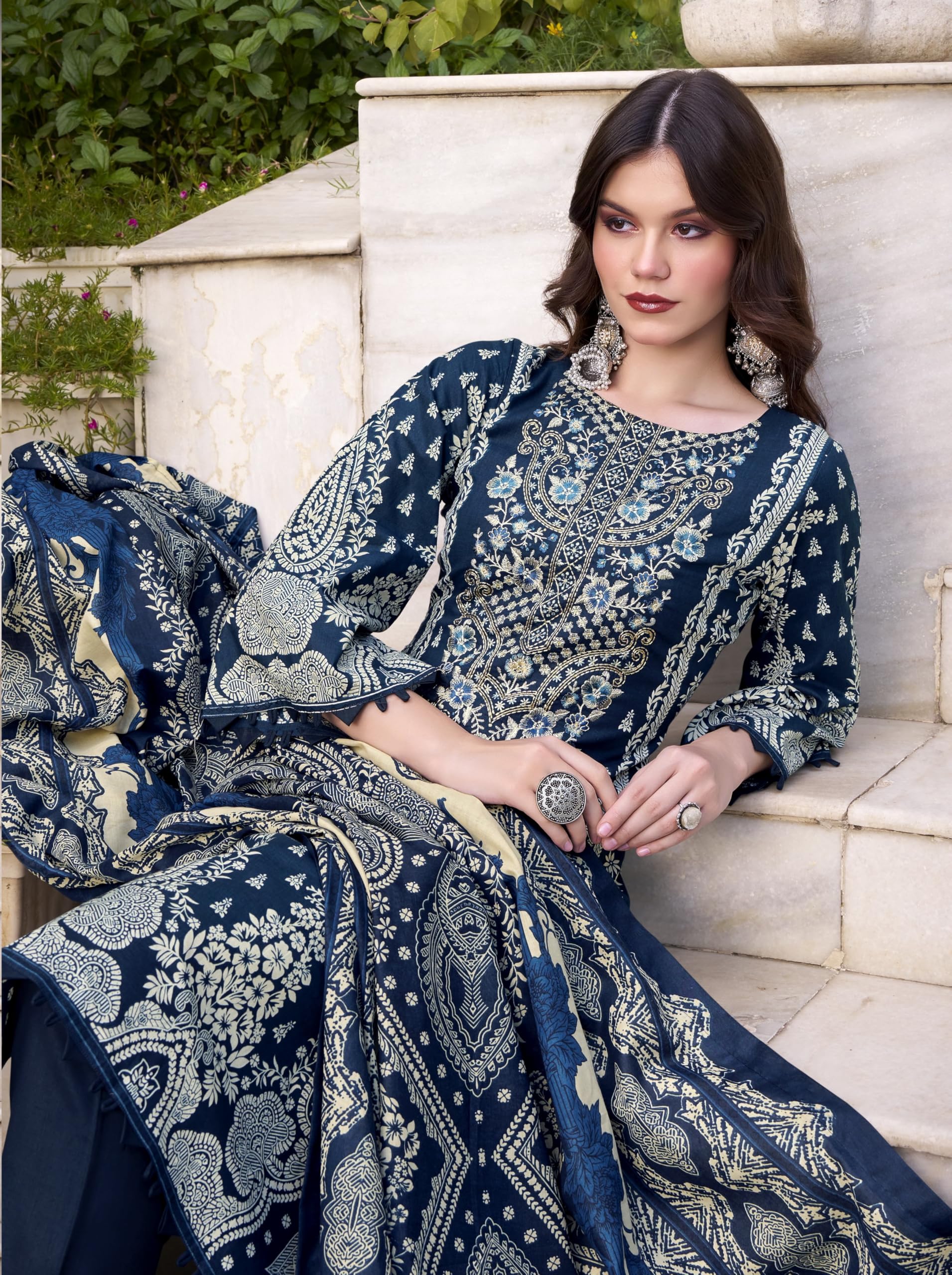 DRAVINAM Trends Women's Unstitched Cotton Suit Dress Material -Embroidered Digital Print Top II Plain Bottoms II Digital Print Dupatta