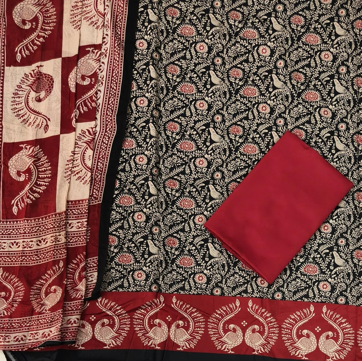 DRAVINAM Trends Women's Handblock Dabu Print Pure Cotton Unstitched Salwar Suit Dress Material with Peacock Motif & Mulmul Dupatta
