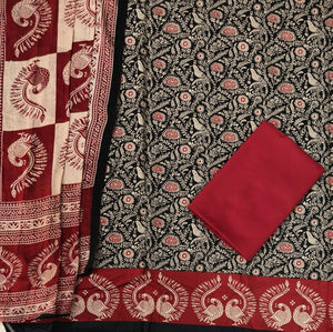 DRAVINAM Trends Women's Handblock Dabu Print Pure Cotton Unstitched Salwar Suit Dress Material with Peacock Motif & Mulmul Dupatta