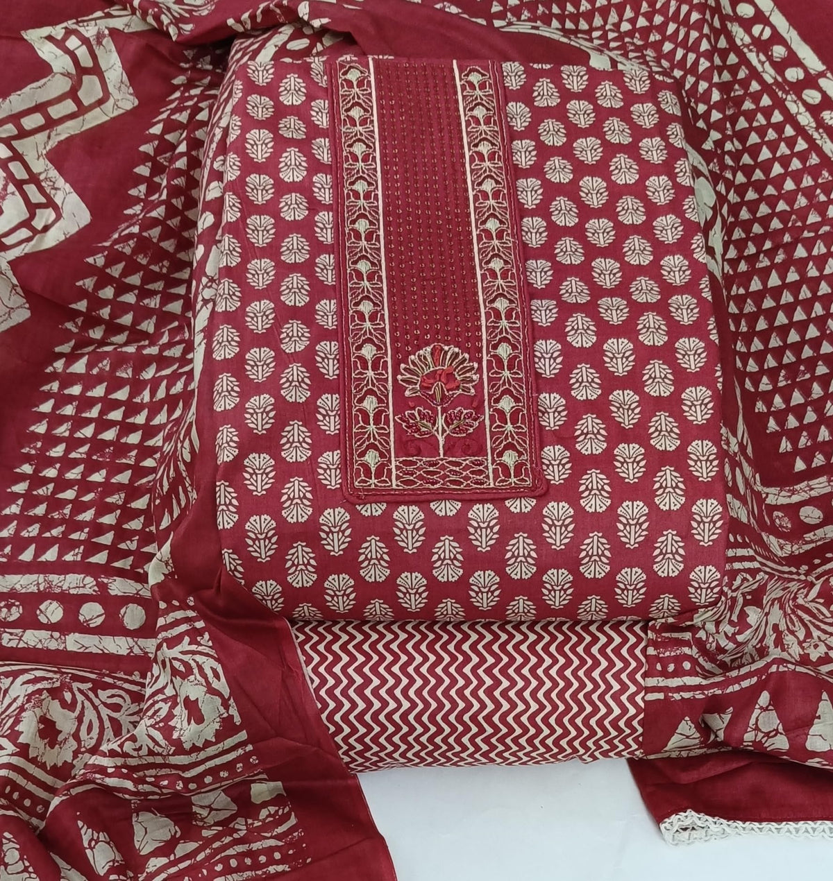 DRAVINAM Trends Women's Printed Embroidered and Hand Work Premium Cotton Jaipuri Unstitched Salwar Suit Dress Material with Mulmul Cotton Dupatta
