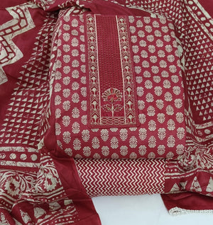 DRAVINAM Trends Women's Printed Embroidered and Hand Work Premium Cotton Jaipuri Unstitched Salwar Suit Dress Material with Mulmul Cotton Dupatta