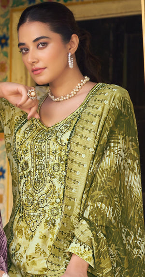 DRAVINAM Trends Unstitched Cotton Suit Dress Material Set: Pakistani Print Top Fabric with Embroidery | Customizable Solid Bottoms | Cotton Fancy Dupatta