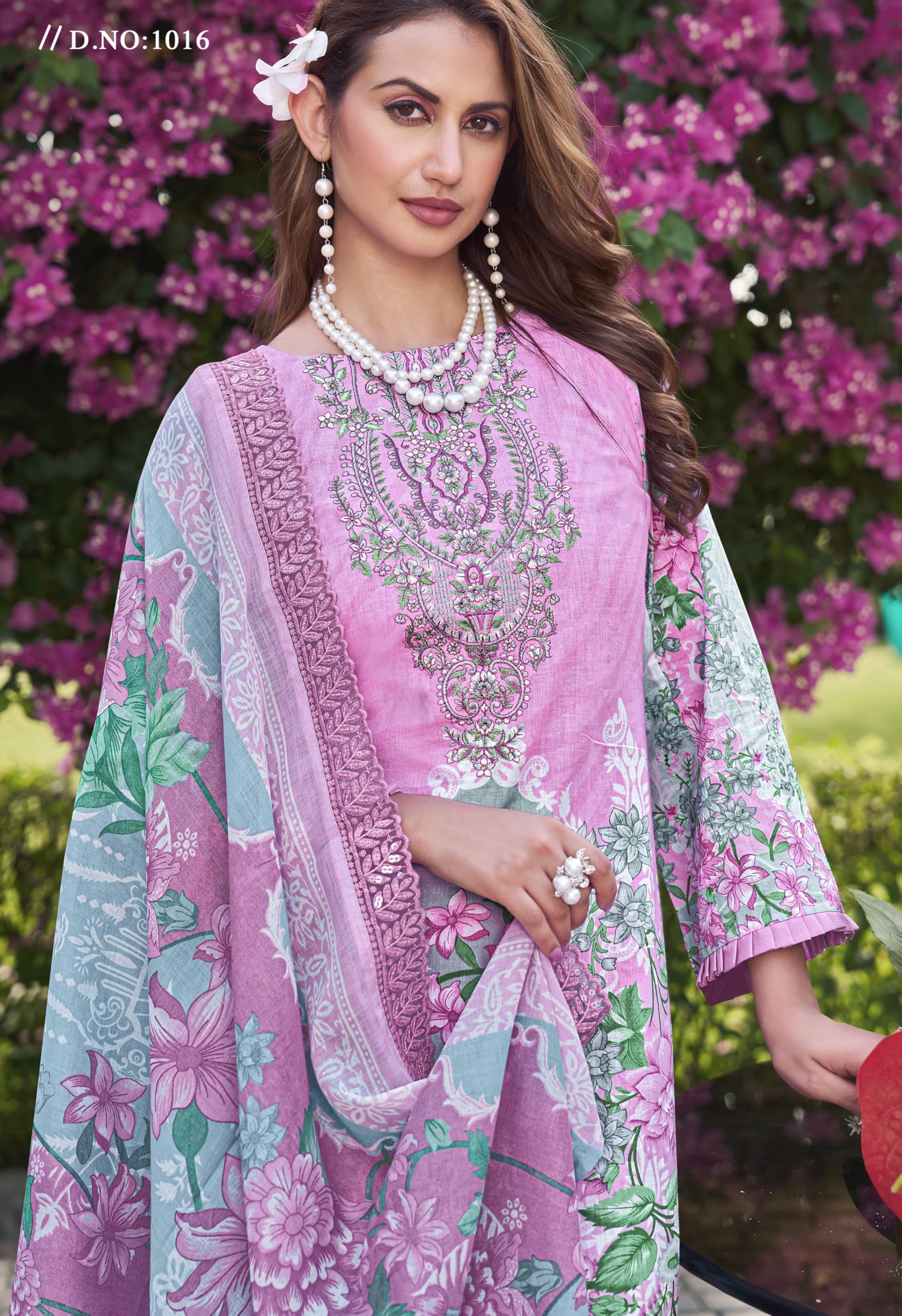 DRAVINAM Trends Pure Cambric Cotton Pakistani Embroidered Suit Dress Material with Unstitched Bottoms and Cotton Dupatta