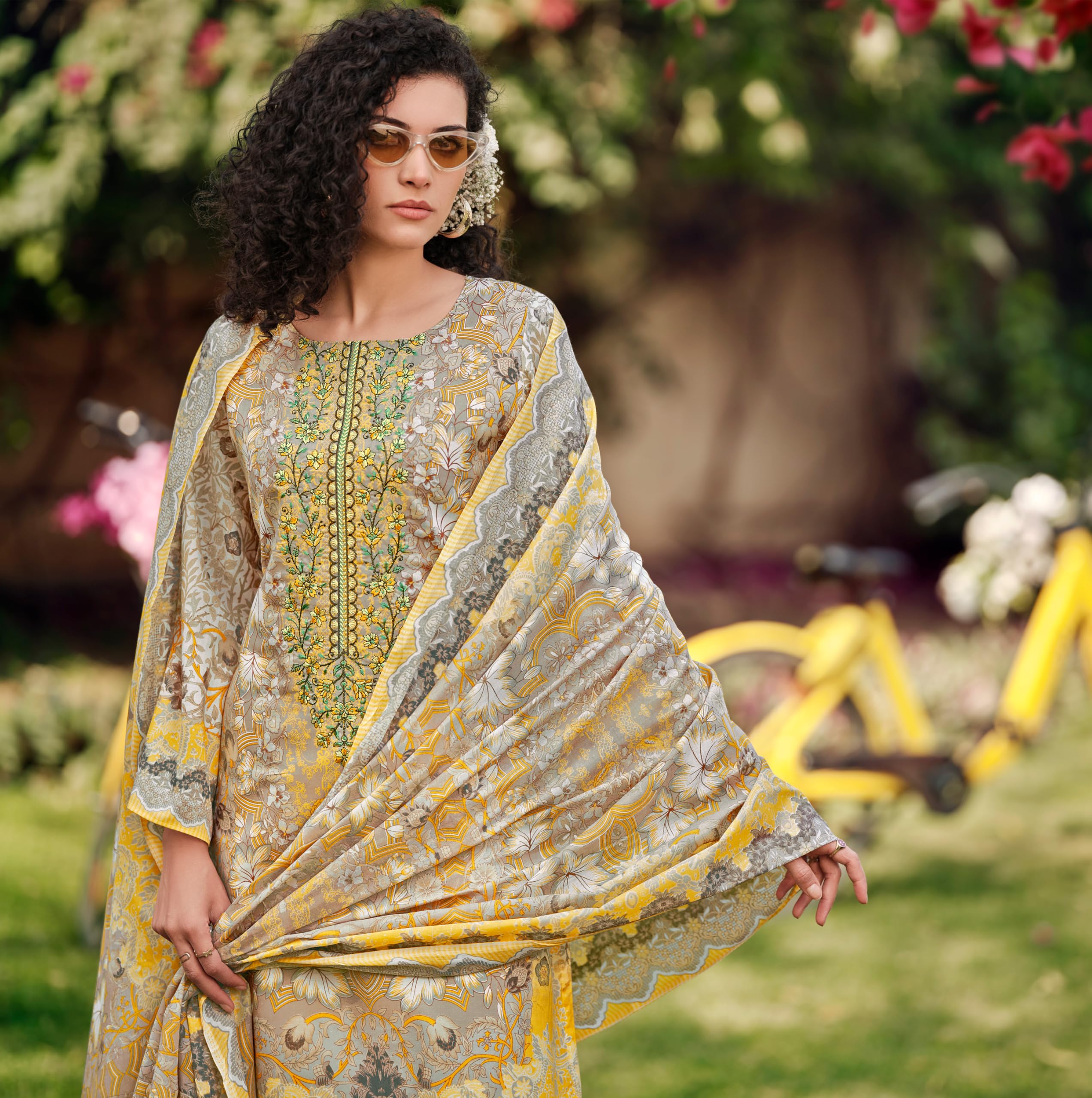 DRAVINAM Trends Women's Unstitched Salwar Suit Dress Material - Cotton Digital Printed Organza Embroidered Kameez II Unstitch Bottoms II Cotton Dupatta