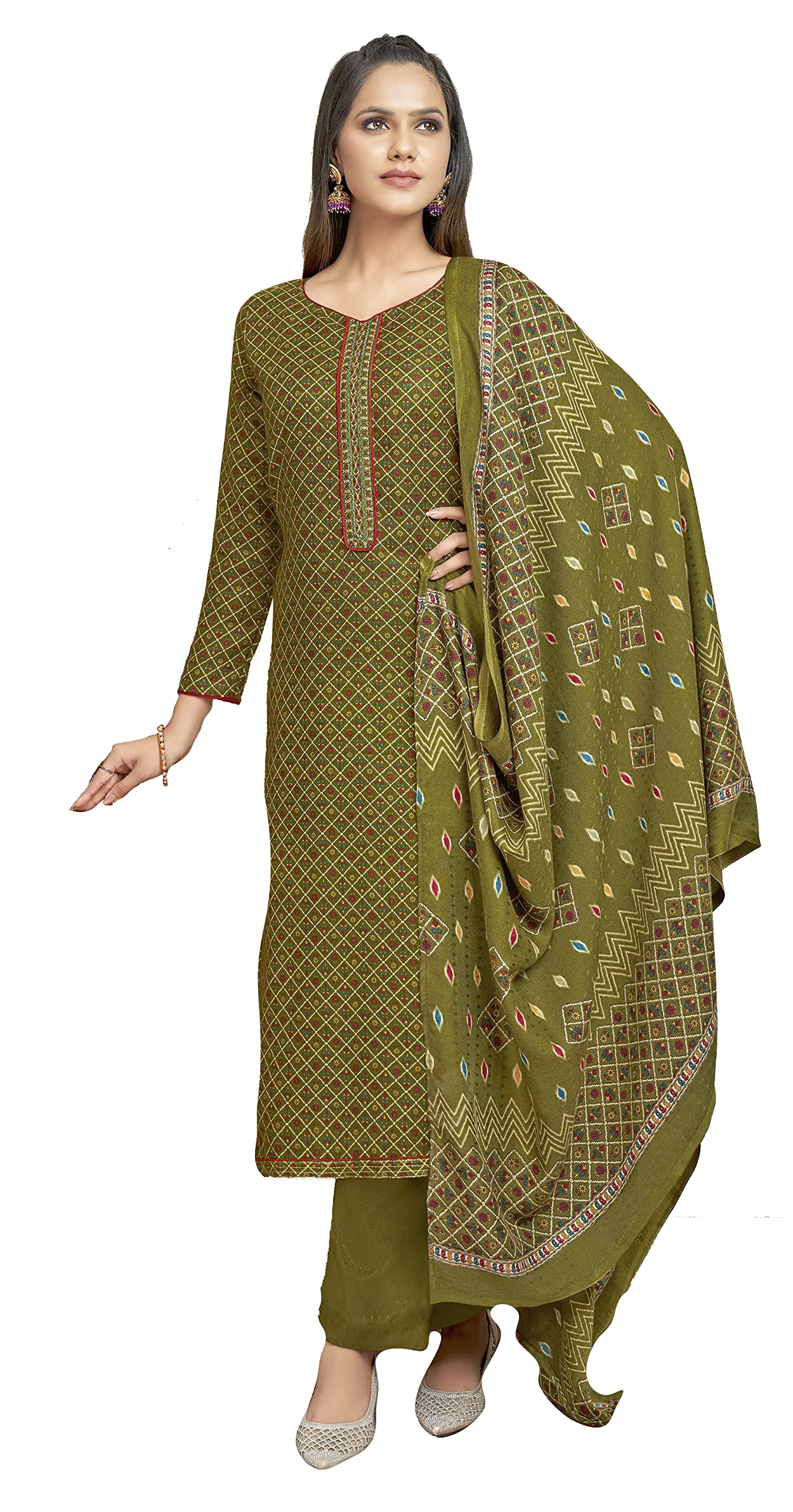 DRAVINAM Trends Women's Unstitched dobby Print Woollen Pashmina Salwar Suit Dress Material with Embroiderywork and Pashmina Printed Shawl Dupatta (Free Size_Green)