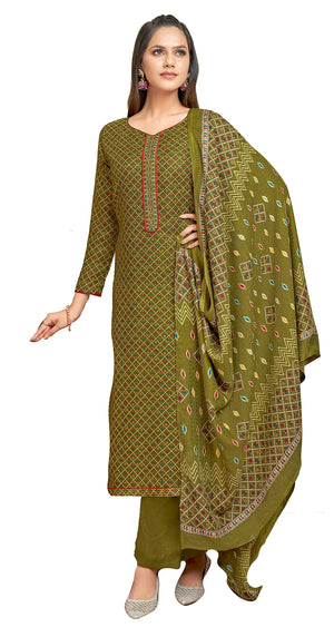 DRAVINAM Trends Women's Unstitched dobby Print Woollen Pashmina Salwar Suit Dress Material with Embroiderywork and Pashmina Printed Shawl Dupatta (Free Size_Green)
