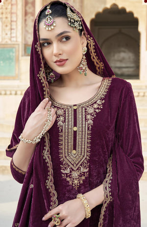 DRAVINAM Trends Women's Unstitched Premium Velvet Embroidered Salwar Suit Dress Material With Dupatta and Unstitch Bottoms
