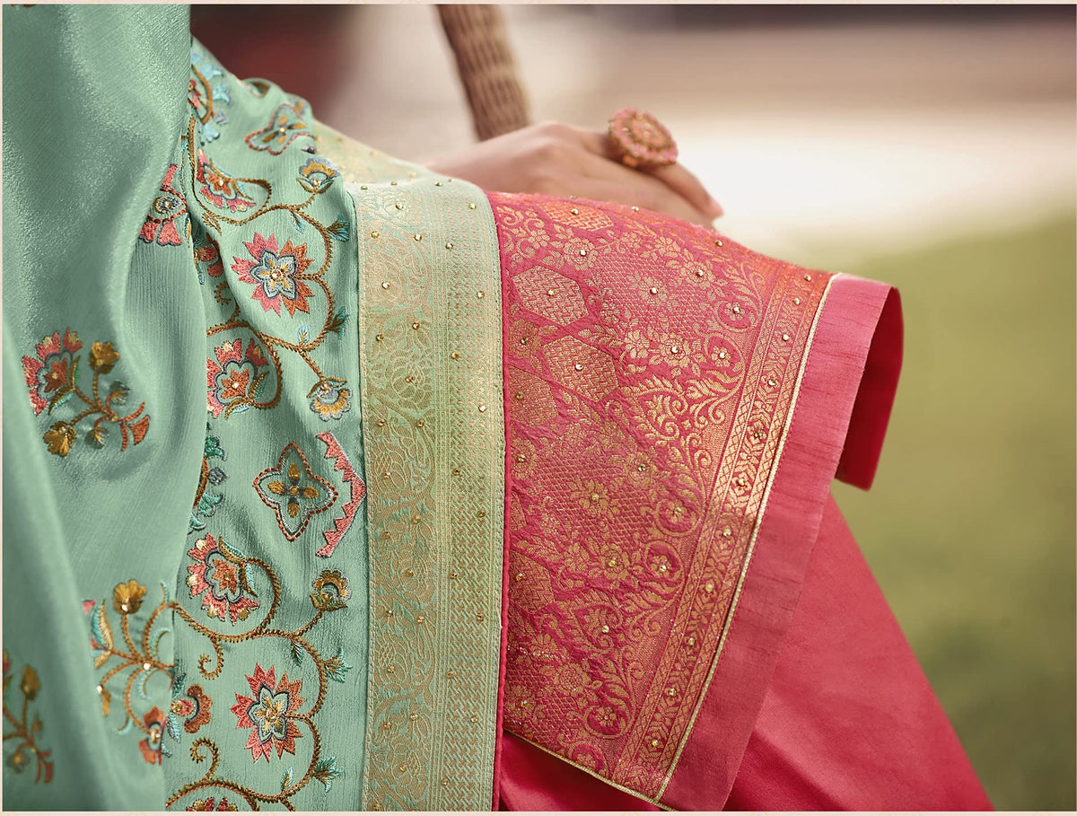 DRAVINAM Trends Women's Pure Banarasi Silk Jacquard Sequence embroidered Unstitched Salwar Suit Dress material with Chinon Silk Sequence and Embroidered Heavy Dupatta (Free size_Blue)