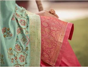 DRAVINAM Trends Women's Pure Banarasi Silk Jacquard Sequence embroidered Unstitched Salwar Suit Dress material with Chinon Silk Sequence and Embroidered Heavy Dupatta (Free size_Blue)