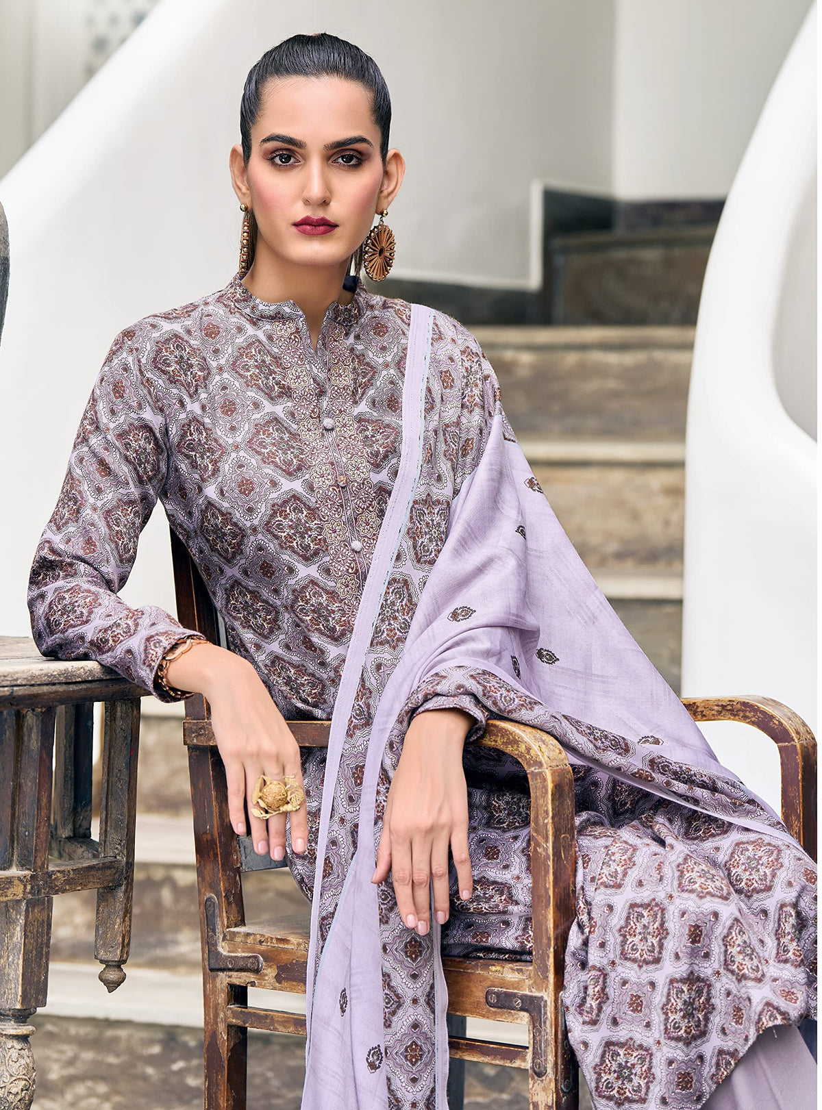 DRAVINAM Trends Women's Unstitched Digital Print Pure Wool Pashmina Fancy Embroidered Winter Salwar Suit Dress Material with Printed Pure Pashmina Shawl Dupatta (Grey)