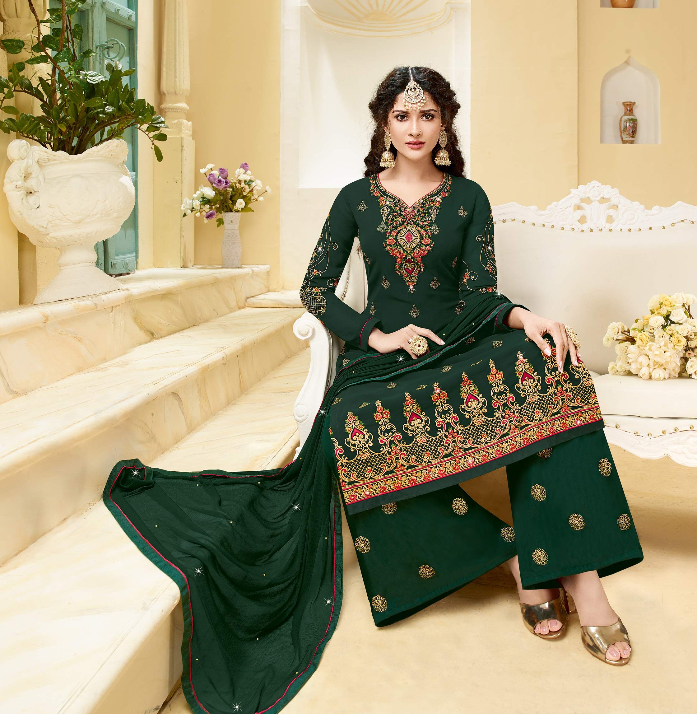 DRAVINAM Trends Women's Heavy Embroidered Pure Georgette Sharara Salwar Suit Dress Material with Heavy Embroidered Pure Georgette Dupatta (Free size_Maroonish red)
