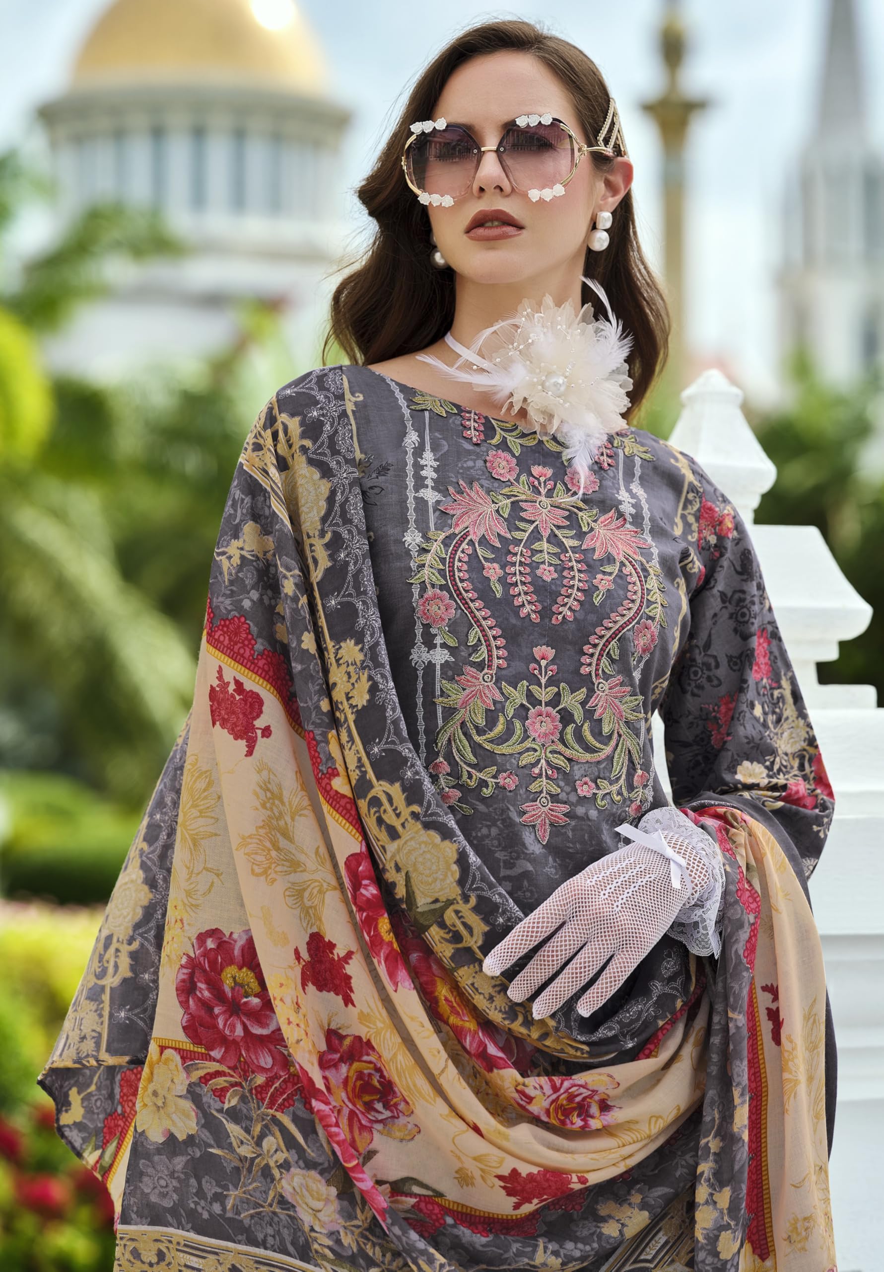 DRAVINAM Trends Women's Unstitched Pakistani Print Embroidered Pure Cotton Salwar Suit Dress Materials with Cotton Printed Dupatta