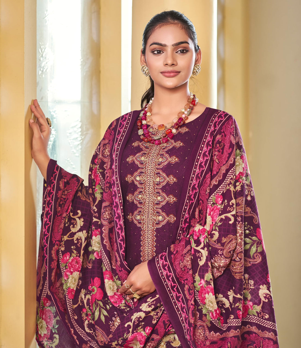 DRAVINAM Trends Women's Unstitched Embroidered Suit Dress Material - Heavy Viscose Rayon Printed Top with Fancy Hand Work and Siroski Work (2.5m), Rayon Bottom (2.8m), Cotton Dupatta (2.25m)