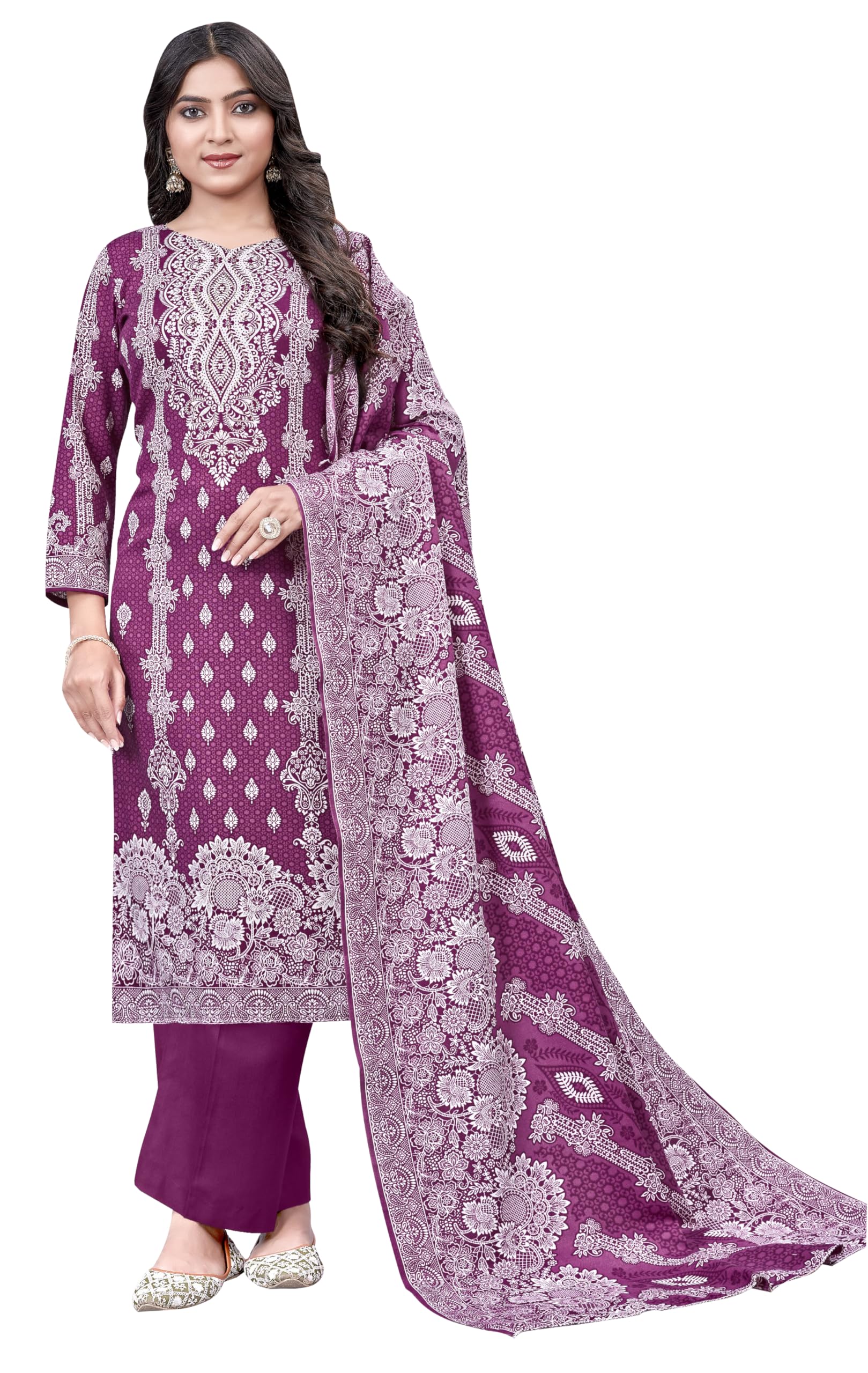 DRAVINAM Trends Heavy Pashmina Spun Digital Style Kani Kashmiri Printed Unstitched Salwar Suit for Women with Siroski Work and Printed Pashmina Shawl Dupatta