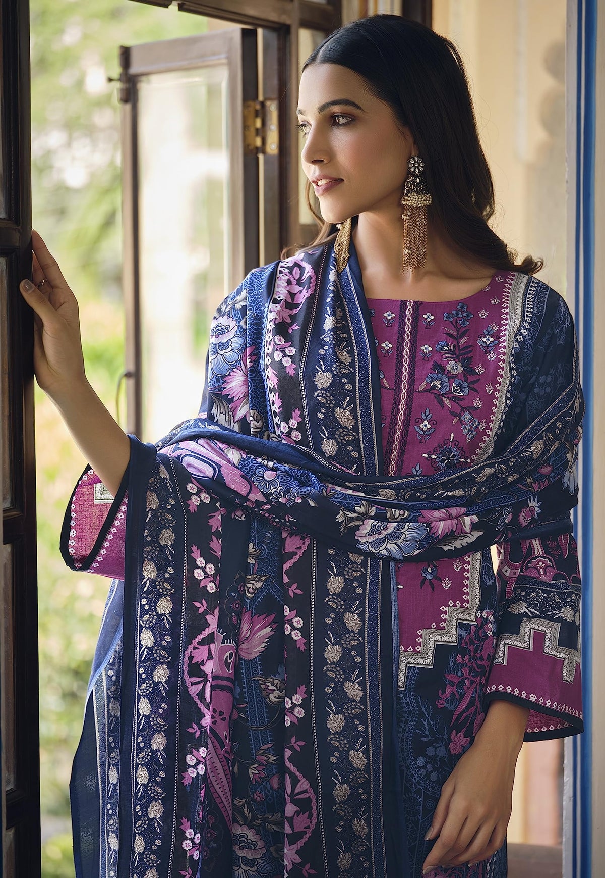DRAVINAM Trends Women's Unstitched Printed Embroidered Pure Cotton Pakistani Salwar Suit Dress Materials with Cotton printed Dupatta (Black)