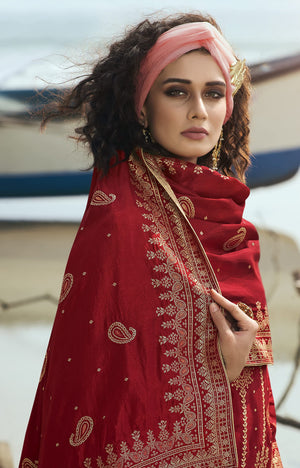 DRAVINAM Trends Women's Pure Banarasi Silk Unstitched Embroidered Sharara Style salwar Suit Dress Material with Heavy Pure Banarasi Jacquard Silk Dupatta (Free size_Magenta)