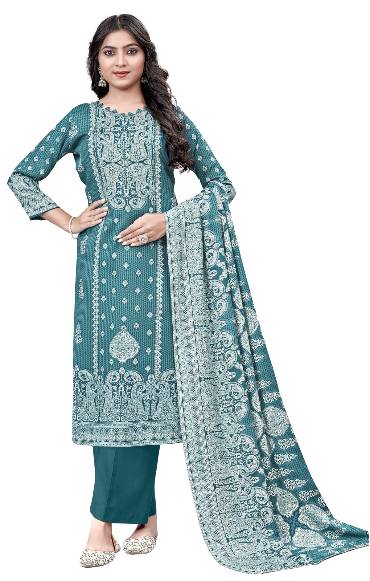 DRAVINAM Trends Heavy Pashmina Spun Digital Style Kani Kashmiri Printed Unstitched Salwar Suit for Women with Siroski Work and Printed Pashmina Shawl Dupatta