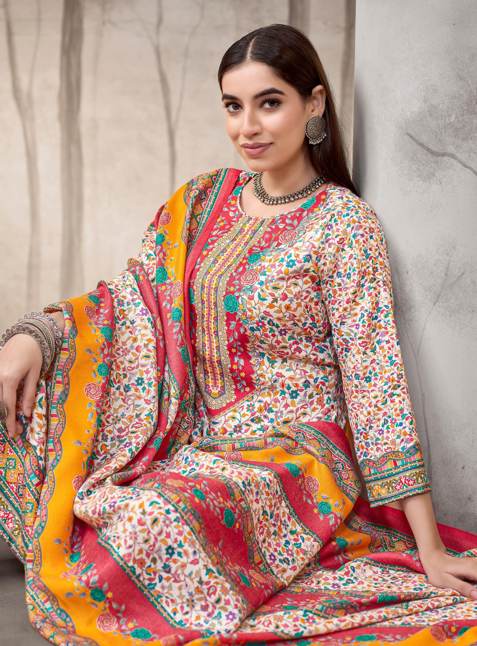 DRAVINAM Trends Women's Winter Wear Pure Viscose Woolen Pashmina Digital Kani Printed Swaroski Work Unstitch Salwar Suit Dress Material with Pure Digital Viscose Pashmina Woolen Warm Shawl Dupatta