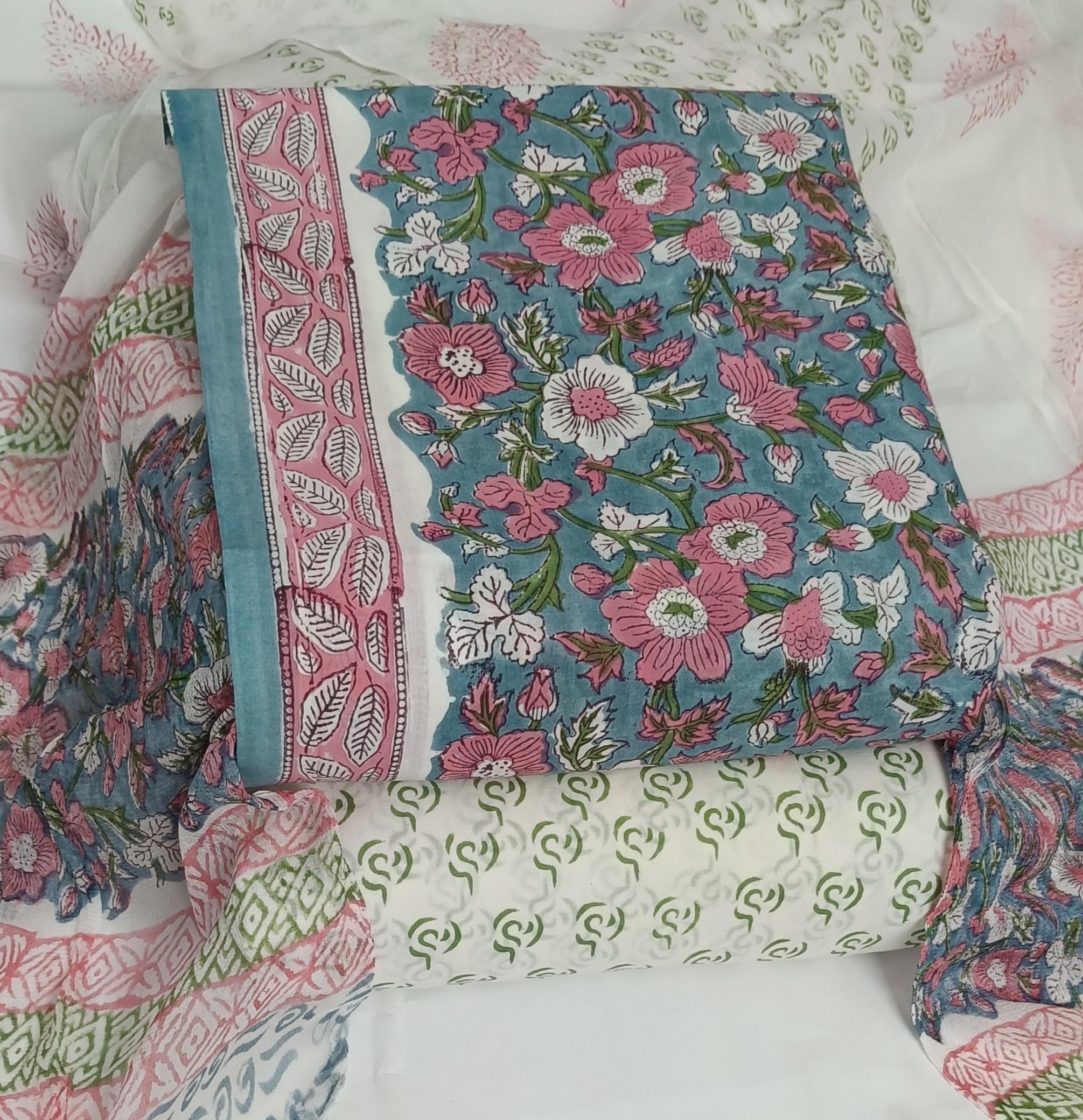 DRAVINAM Trends Hand Block Print Pure Cambric Cotton Unstitched Suit Material with Chiffon Hand Printed Dupatta