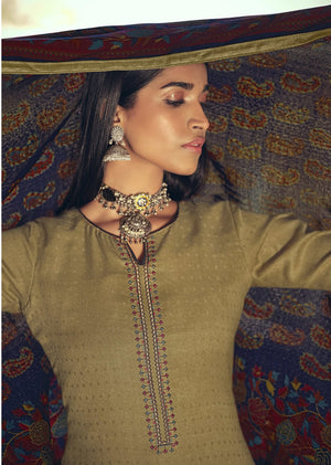 DRAVINAM Trends Women's Pure Woollen Pashmina Printed Embroidered Suit Material with Embroidered Pant Bottoms and Printed Shawl Dupatta with Fancy Lace and Tussels (Beige)