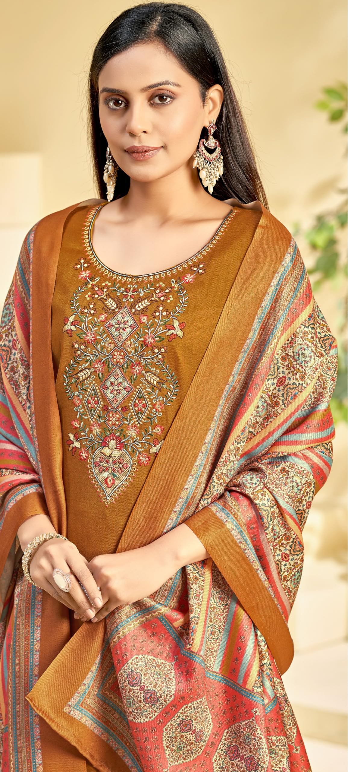 DRAVINAM Trends Women's Unstitched Winter Wear Woollen Pashmina Embroidered Salwar Suit Dress Material with Pashmina Printed Shawl Dupatta