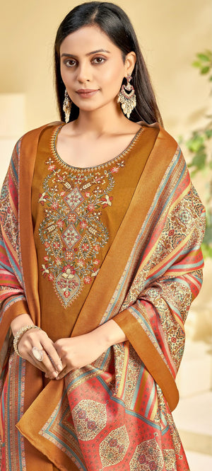 DRAVINAM Trends Women's Unstitched Winter Wear Woollen Pashmina Embroidered Salwar Suit Dress Material with Pashmina Printed Shawl Dupatta