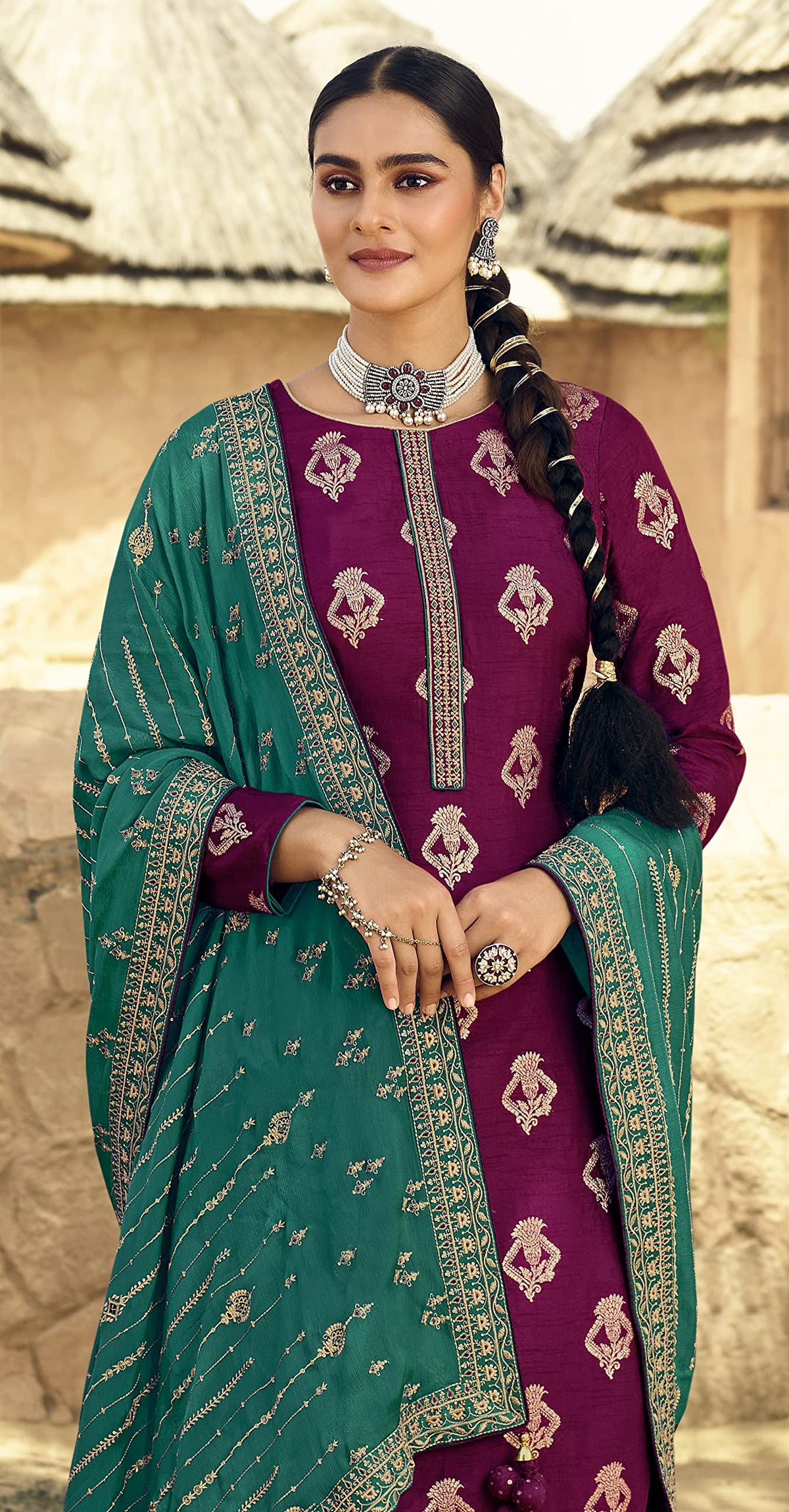 DRAVINAM Trends Women's Pure Banarasi Silk Jacquard Sequence embroidered Unstitched Salwar Suit Dress material with Chinon Silk Sequence and Embroidered Heavy Dupatta (Free size_Blue)