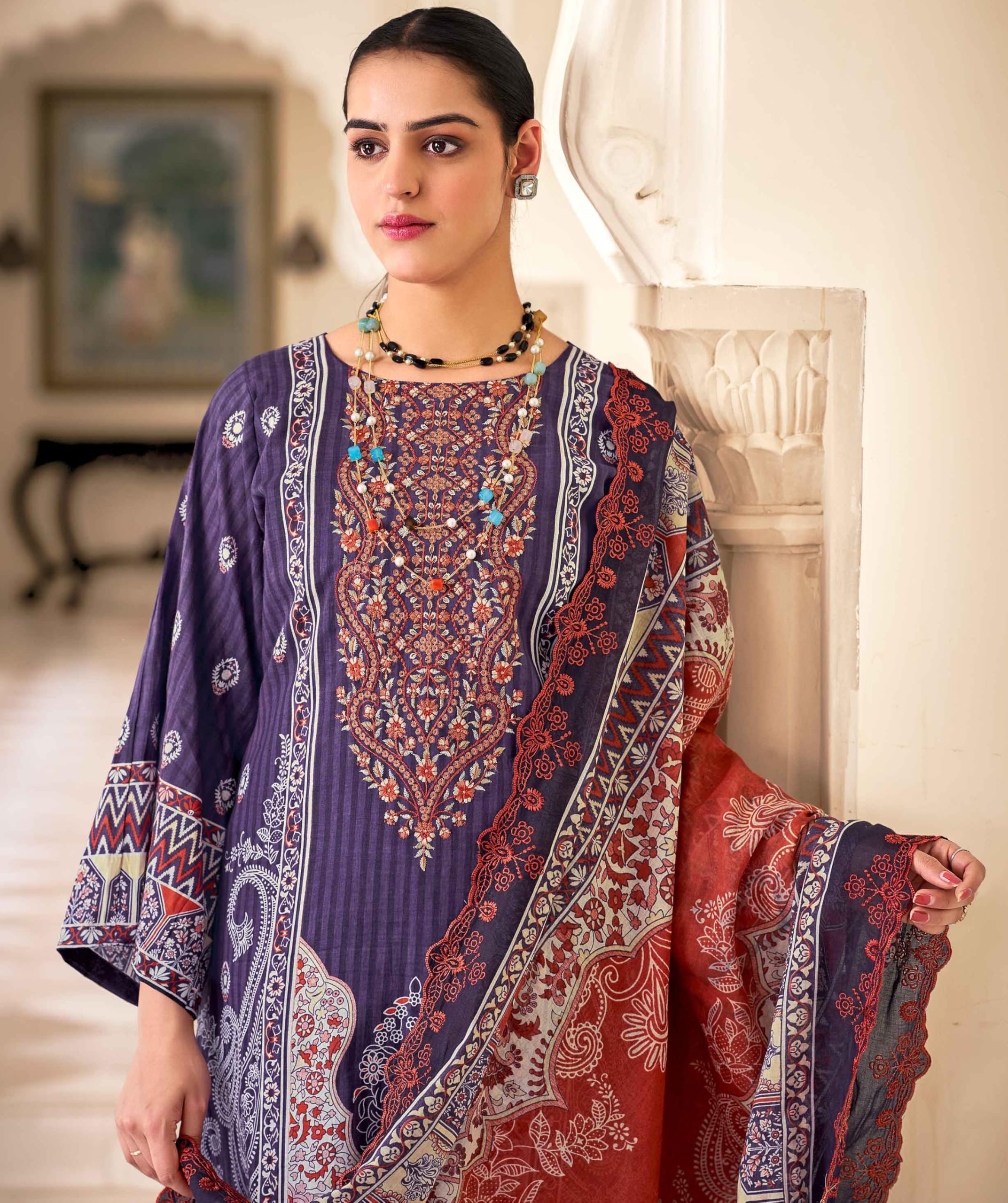 DRAVINAM Trends Women's Unstitched Salwar Suit Dress Material - Cotton Digital Printed Organza Embroidered Kameez II Unstitch Bottoms II Cotton Dupatta