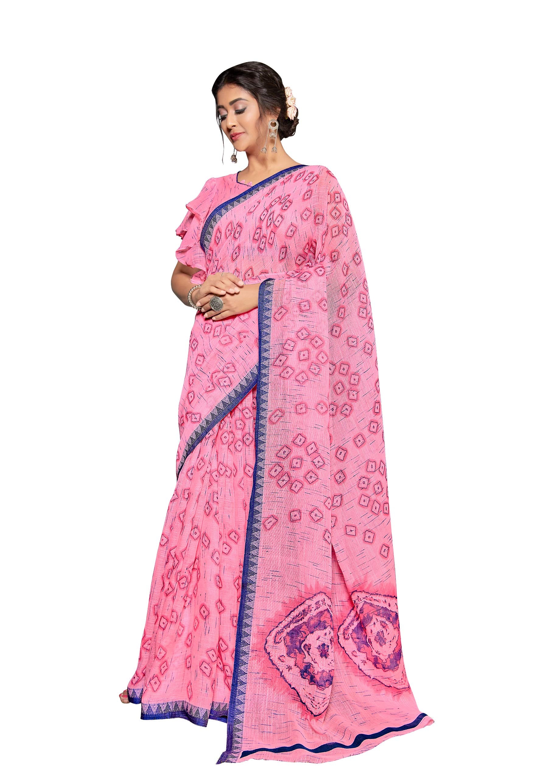 DRAVINAM Trends Women's Woven Catonic Pure Linen Slub Bordered Saree with Blouse Piece (Pink)