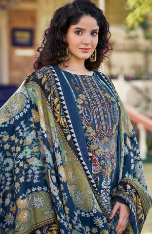 Women’s Dress Set | Pure Cotton with Print & Heavy Embroidery (2.5m), Mal Mal Dupatta (2.3m), Bottom (3m) | Available in Unstitched & Stitched Options (BLUE, XL - 42 Inch, Stitched)