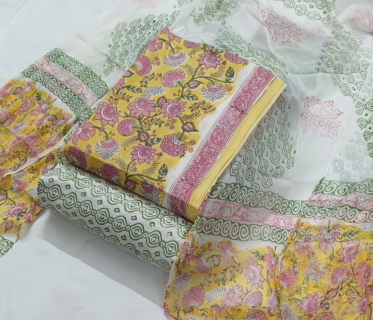 DRAVINAM Trends Hand Block Print Pure Cambric Cotton Unstitched Suit Material with Chiffon Hand Printed Dupatta