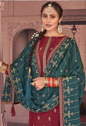 DRAVINAM Trends Women's Pure Banarasi Silk Jacquard Sequence embroidered Unstitched Salwar Suit Dress material with Chinon Silk Sequence and Embroidered Heavy Dupatta (Free size_Blue)