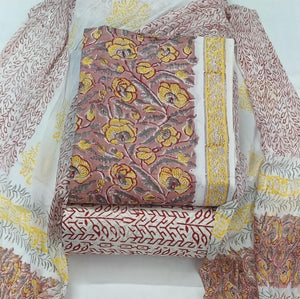 DRAVINAM Trends Hand Block Print Pure Cambric Cotton Unstitched Suit Material with Chiffon Hand Printed Dupatta
