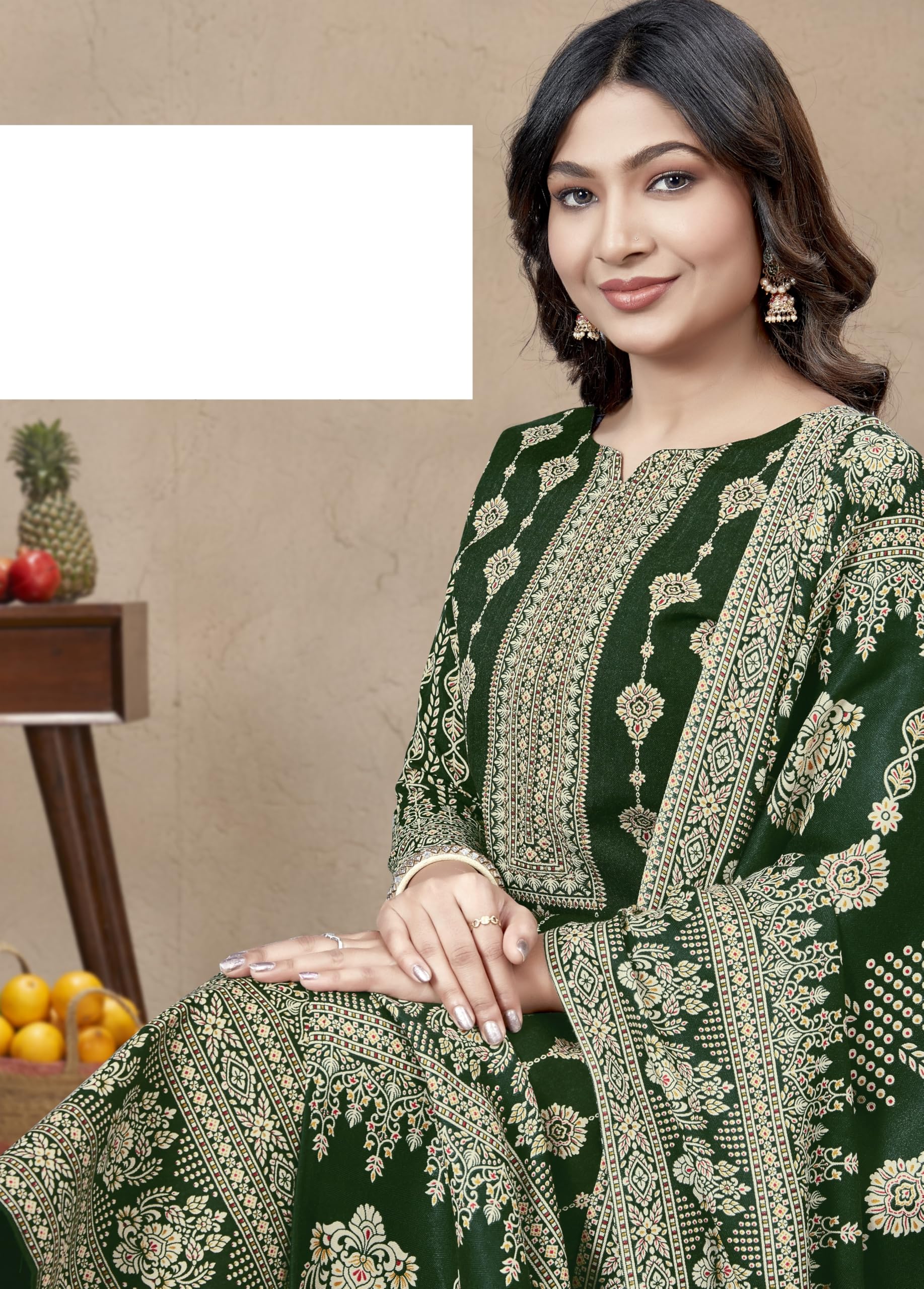 DRAVINAM Trends Heavy Pashmina Spun Digital Style Kani Kashmiri Printed Unstitched Salwar Suit for Women with Siroski Work and Printed Pashmina Shawl Dupatta