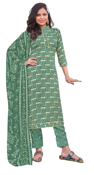 DRAVINAM Trends Women's Unstitched Slub Pure Cotton Printed Salwar Suit Dress Material with Nazneen Chiffon Dupatta (Green)