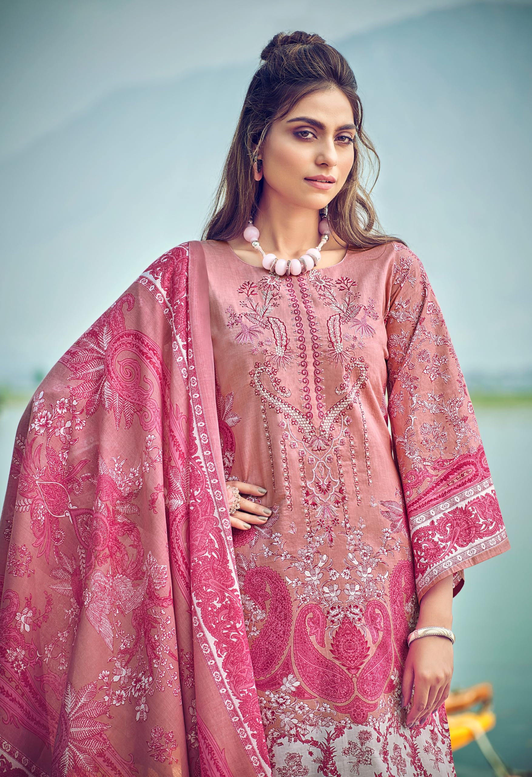 DRAVINAM Trends Women's Unstitched Premium Cotton Suit Material - Soft Digital Printed Embroidered Kameez II Matching Bottoms II Malmal Printed Dupatta