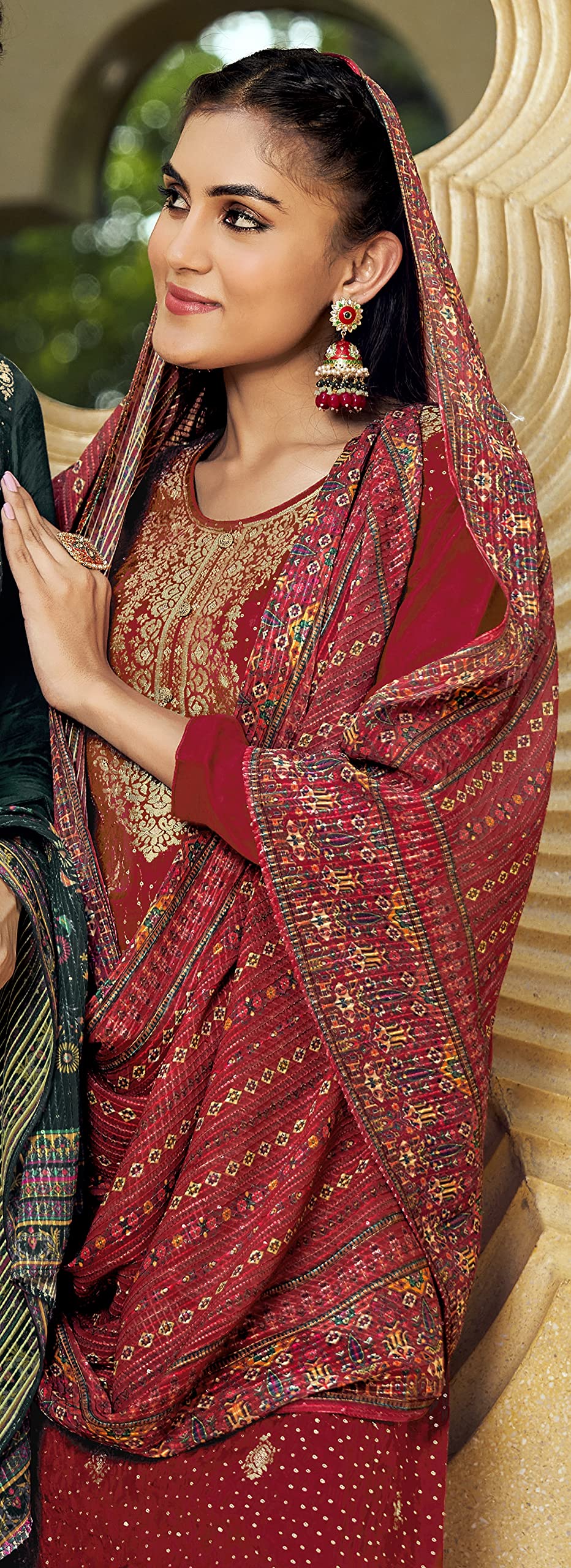 DRAVINAM Trends Women's Pure Jacquard heavy sequence work Pakistani salwar suit material with pure georgette digital printed and embroidered heavy dupatta (Wine)