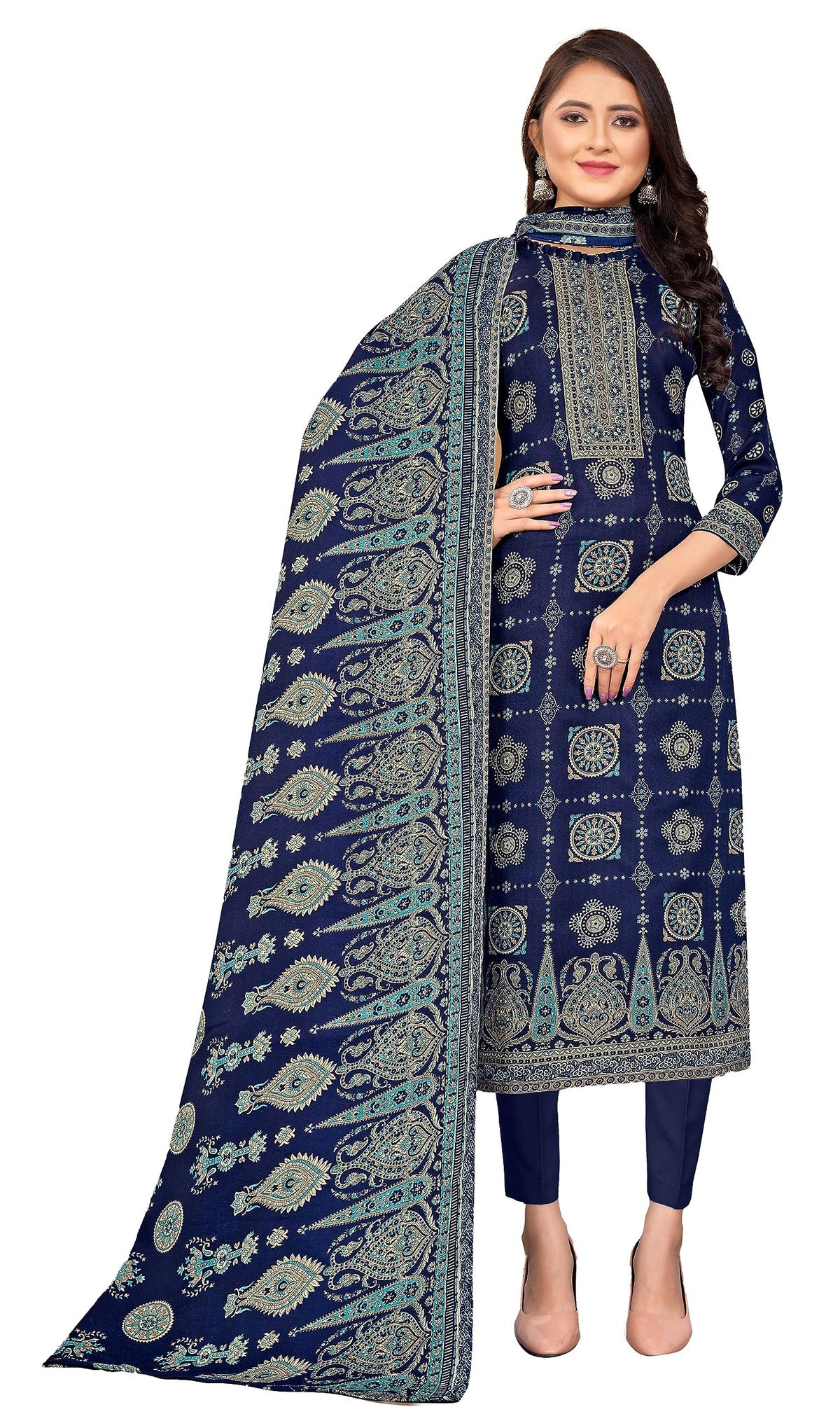 DRAVINAM Trends Women's Unstitched Kashmiri Kani Printed Woolen Winter wear salwar suits for women with Fancy Kani Shawl dupatta (Blue)