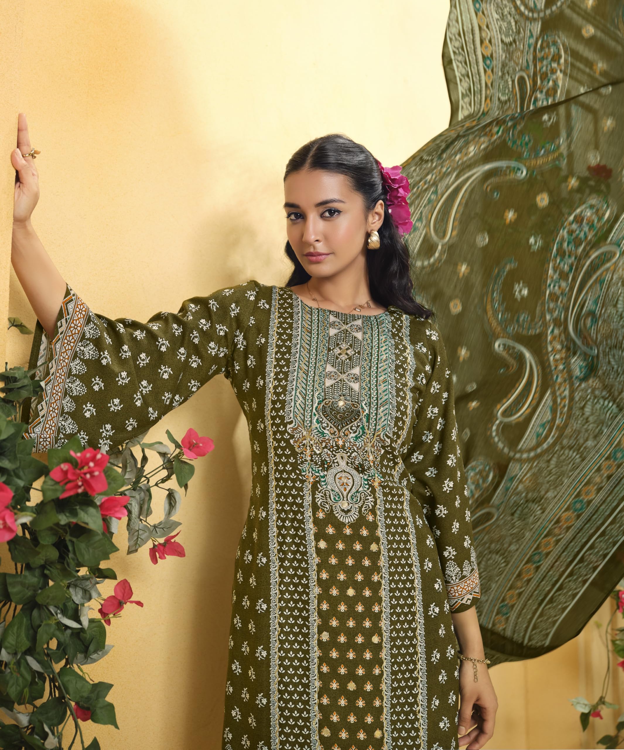 DRAVINAM Trends Women's Unstitched Salwar Suit Dress Material - Cotton Digital Printed Organza Embroidered Kameez II Unstitch Bottoms II Cotton Dupatta