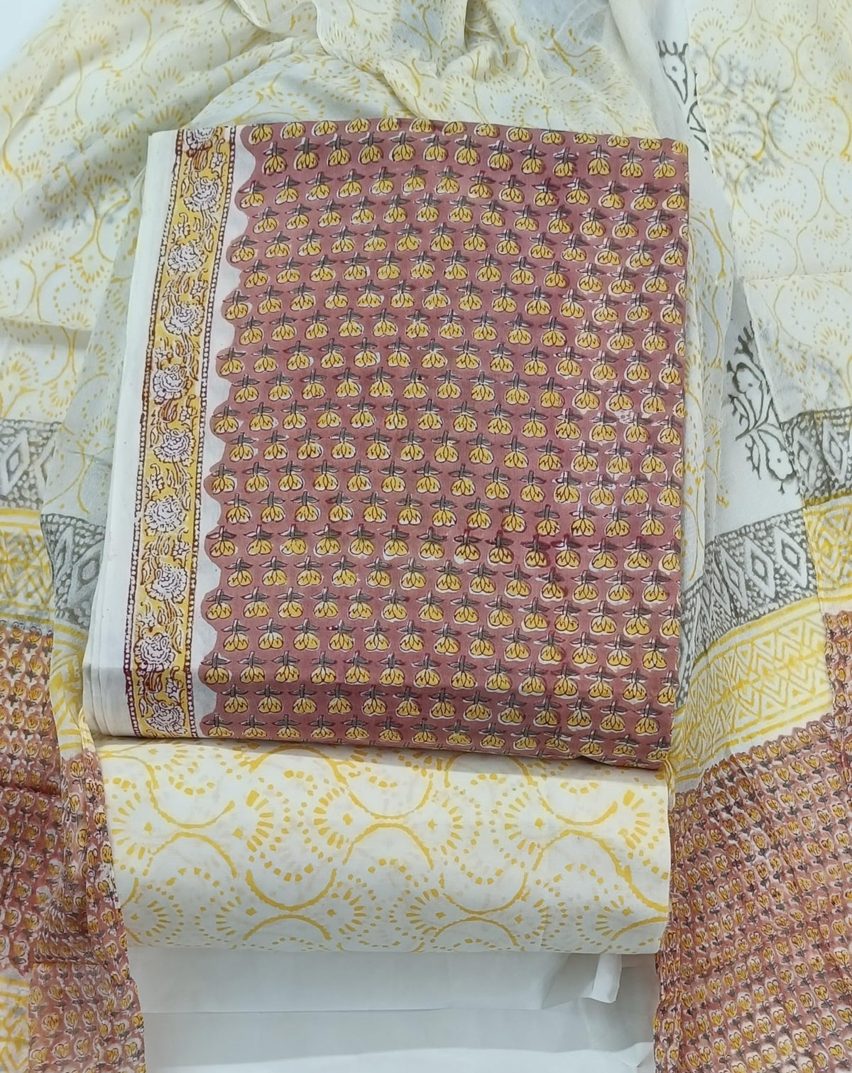 Hand Block Bagru Print Pure Cambric Cotton Unstitched Suit Material with Chiffon Hand Printed Dupatta