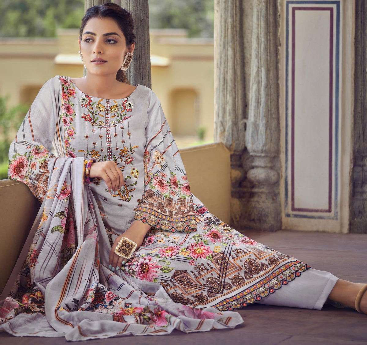 DRAVINAM Trends Unstitched Suit Material II Jam Cotton Pakistani Digital Printed Neck and Daman Embroidered Swaroski Work Kameez II Unstitched Bottoms II Cotton Maslin Dupatta