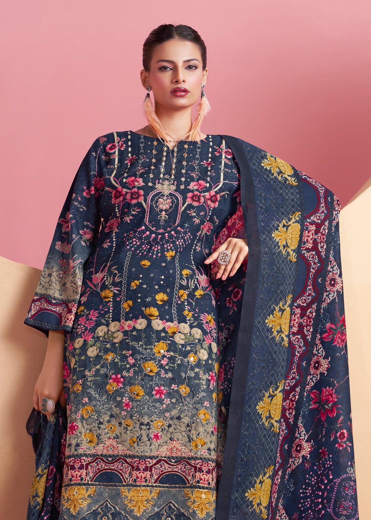 DRAVINAM Trends Cotton Pakistani Embroidered Suit Dress Material with Unstitched Bottoms and Cotton Dupatta